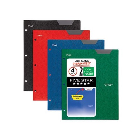 Mead Products Two-Pocket Stay-Put Plastic Folder, 11 x 8.5, Assorted, 4PK 38049